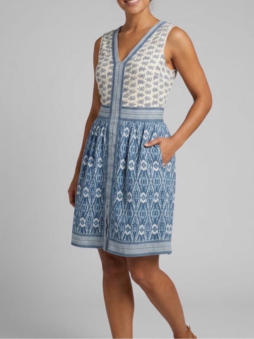 Faherty Linen Macey Mini Dress, Sa SmallBlue Clara Ikat Print
